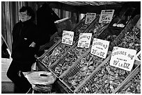 Stand with a variety of oysters in Cancale. Brittany, France (black and white)