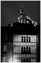 Medieval houses and abbey. Mont Saint-Michel, Brittany, France ( black and white)