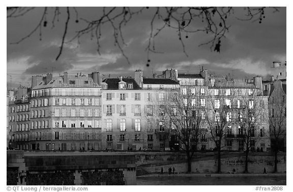 Waterfront houses on Saint-Louis island. Paris, France (black and white)