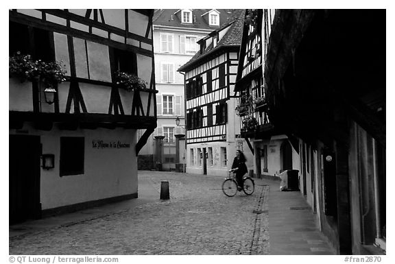 Street with half-timbered houses. Strasbourg, Alsace, France (black and white)