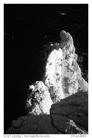 Rock climbing on  the Morgiou cape. Marseille, France (black and white)