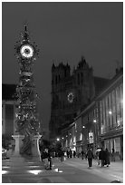 Dewailly Clock on the Marie-Sans-Chemise square by night, Amiens. France (black and white)