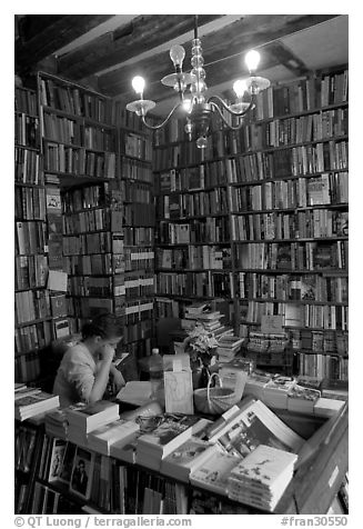 Front counter of Shakespeare and Company bookstore. Quartier Latin, Paris, France (black and white)