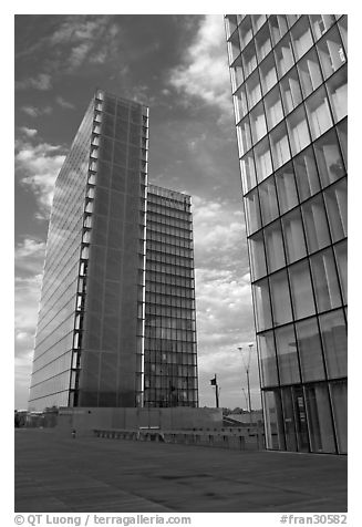 Two corner buildings of the Bibliotheque Francois Mitterand. Paris, France (black and white)