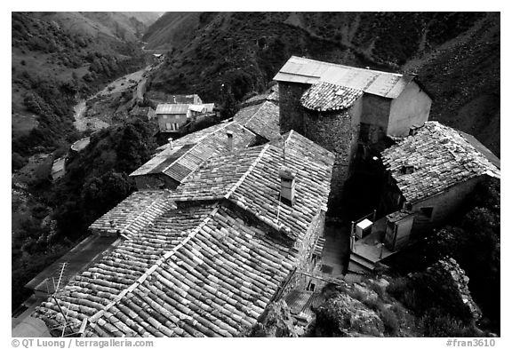 Rooftops in high perched Village. Maritime Alps, France (black and white)