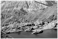 Lake and mountain hut, Mercantour National Park. Maritime Alps, France ( black and white)