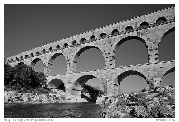 Roman aqueduct over Gard River. France (black and white)