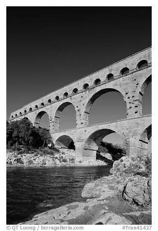 River Gard and Gard Bridge. France (black and white)