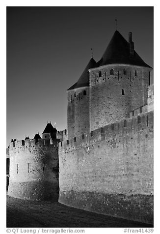 City fortifications by night. Carcassonne, France (black and white)