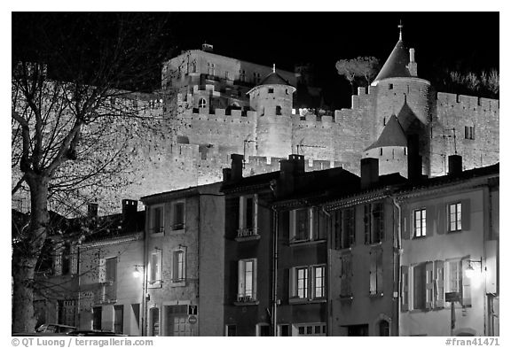 Houses and ramparts by night. Carcassonne, France