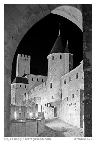Medieval castle illuminated at night. Carcassonne, France
