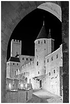 Medieval castle illuminated at night. Carcassonne, France (black and white)