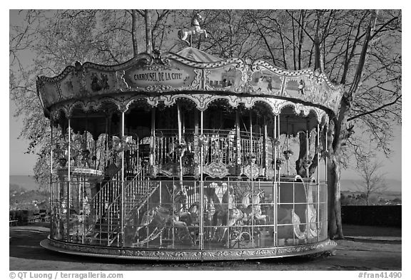 19th century merry-go-round. Carcassonne, France (black and white)