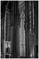 Columns, statues, and stained glass, basilique St-Nazaire. Carcassonne, France (black and white)
