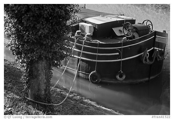 Anchored barge detail, Canal du Midi. Carcassonne, France (black and white)