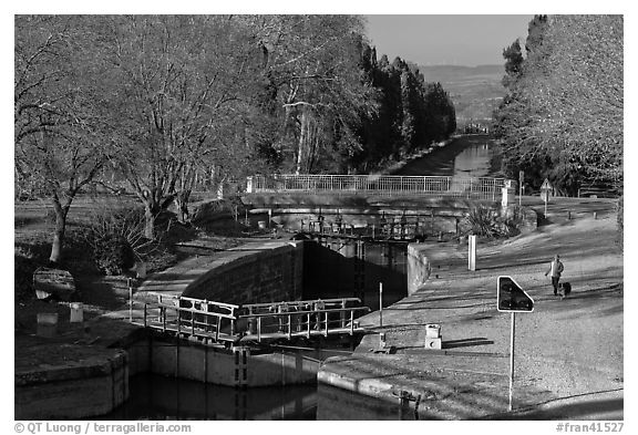 River navigation lock system, Canal du Midi. Carcassonne, France (black and white)