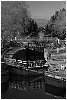 Lock chamber and gate, Canal du Midi. Carcassonne, France (black and white)