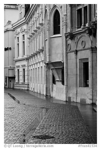 Pavement and buildings, Place St Andre. Grenoble, France (black and white)