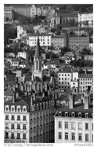 View of city and St-George church. Lyon, France (black and white)
