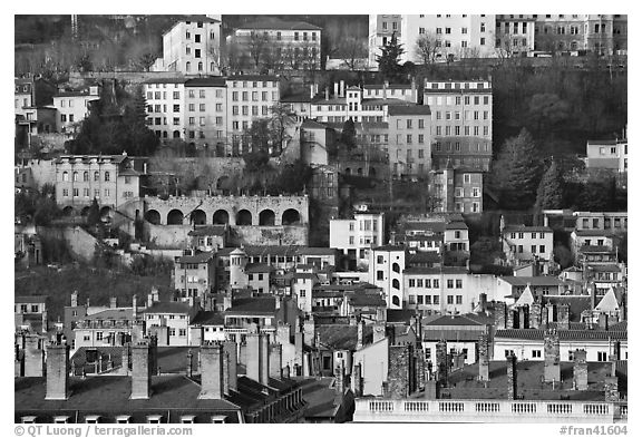 Old city on hillside. Lyon, France (black and white)