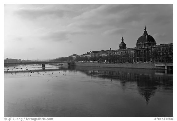 Rhone River and Hotel Dieu. Lyon, France (black and white)