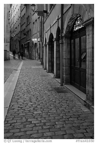 Cobblestone pavement on historic distric street. Lyon, France