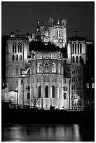 Cathedrale St Jean, Basilique Notre Dame de Fourviere by night. Lyon, France (black and white)