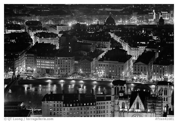 Presqu'ile by night, as seen from Fourviere Hill. Lyon, France (black and white)