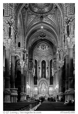 Inside Notre-Dame de Fourviere Basilique, decorated with frescos. Lyon, France (black and white)