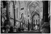 Interior of Basilica Notre-Dame of Fourviere designed by Pierre Bossan. Lyon, France ( black and white)