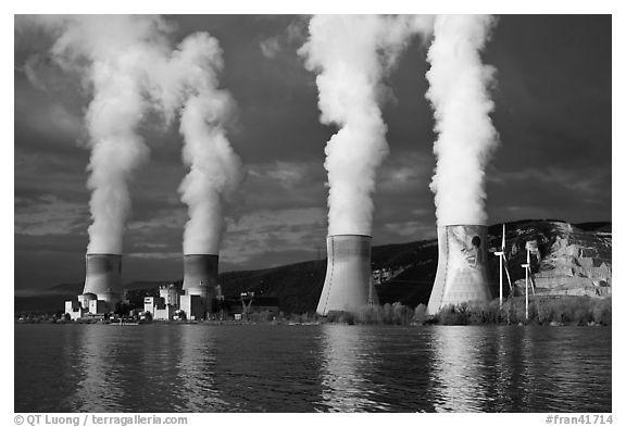 Nuclear power plant reflected in Rhone River. Provence, France (black and white)