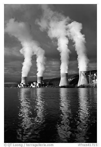 Smoke Emitting From Cooling Towers, Cruas Nuclear Power Station. Provence, France (black and white)