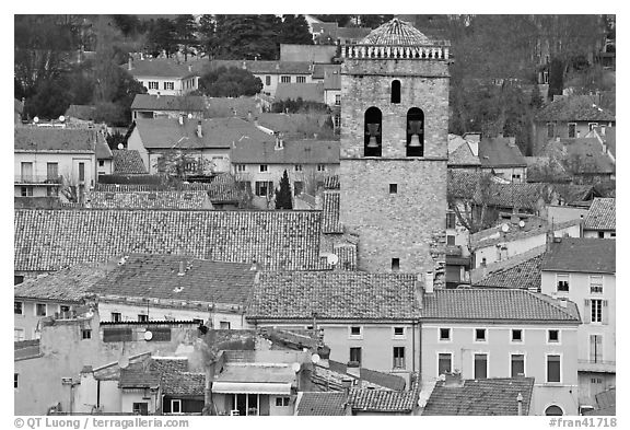 Red tile rooftops and church tower, Orange. Provence, France (black and white)