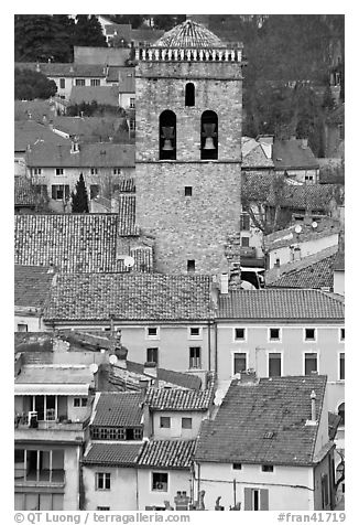 Houses and church tower, Orange. Provence, France (black and white)
