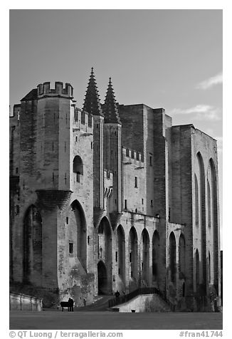 Massive walls of the Palace of the Popes. Avignon, Provence, France (black and white)