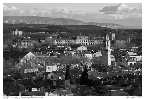 View over town and Alpilles mountains. Avignon, Provence, France (black and white)