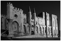 Gothic facade of Papal Palace at night. Avignon, Provence, France (black and white)
