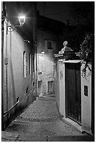 Narrow cobblestone street and street light. Avignon, Provence, France ( black and white)