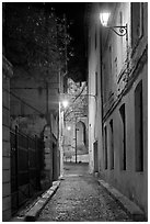 Narrow street leading to Palais des Papes at night. Avignon, Provence, France (black and white)