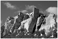 Rocky outcrop and ruined castle, Les Baux-de-Provence. Provence, France (black and white)