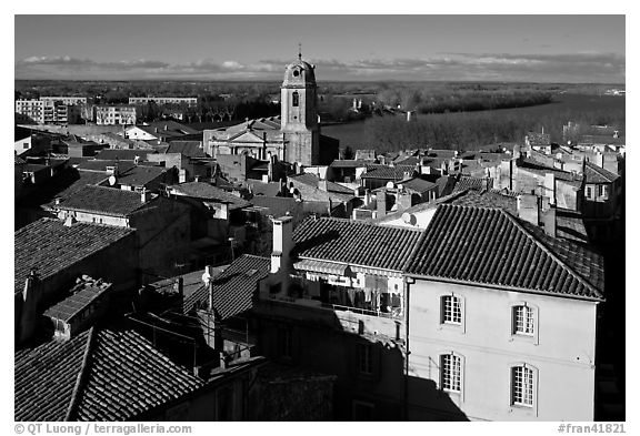 View of the city center with Rhone River. Arles, Provence, France (black and white)