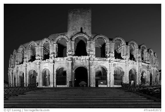 Roman Arena at night. Arles, Provence, France (black and white)