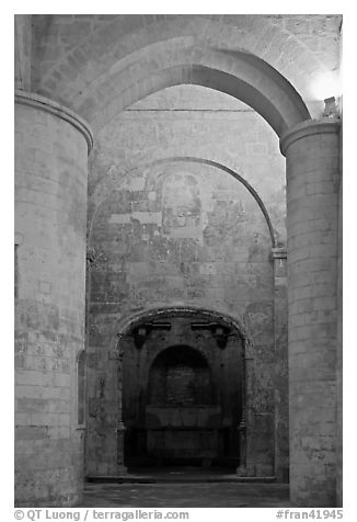 Columns inside romaneque St Honoratus church, Alyscamps. Arles, Provence, France