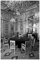 Room with meeting table inside Chateau de Fontainebleau. France (black and white)