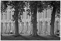 Trees and facade, Fontainebleau Palace. France (black and white)