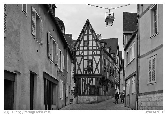 Street and half-timbered house, Chartres. France (black and white)