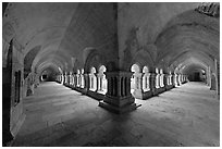 Wide view of cloister galleries, Fontenay Abbey. Burgundy, France (black and white)