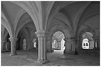 Rib-vaulted council room, Abbaye de Fontenay. Burgundy, France (black and white)