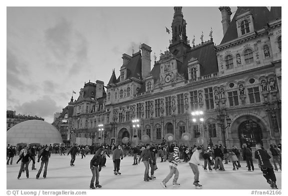 Hotel de Ville with Christmas ice ring. Paris, France (black and white)