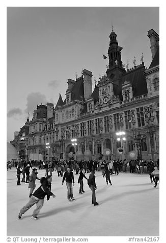 Holiday ice ring in front of the city hall. Paris, France (black and white)